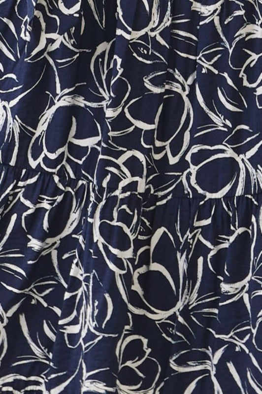 Short Sleeve Waist Tie Floral Print Maxi Dress Navy