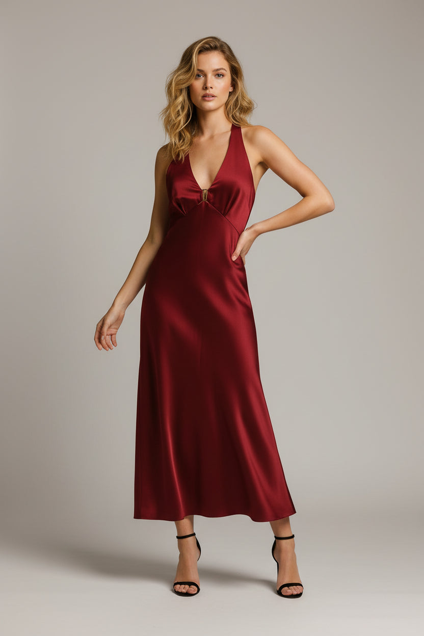 Sleeveless Halter Satin Maxi Dress Red