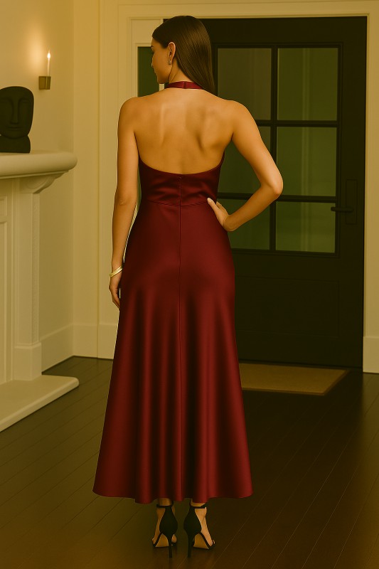 Sleeveless Halter Satin Maxi Dress Red