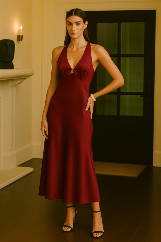 Sleeveless Halter Satin Maxi Dress Red