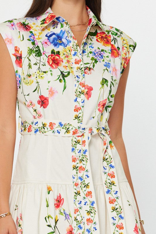 Short Cap Sleeve Button Down Floral Print Mini Dress White