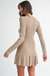 Long Sleeve Faux Button Knit Mini Dress Mocha