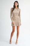 Long Sleeve Faux Button Knit Mini Dress Mocha