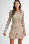 Long Sleeve Faux Button Knit Mini Dress Mocha