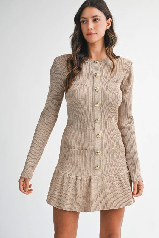 Long Sleeve Faux Button Knit Mini Dress Mocha