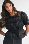Short Puff Sleeve Sheer Contrast Bow Tie Peplum Top Black