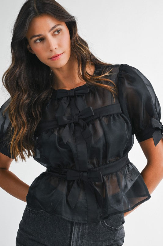 Short Puff Sleeve Sheer Contrast Bow Tie Peplum Top Black