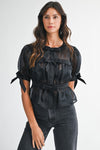 Short Puff Sleeve Sheer Contrast Bow Tie Peplum Top Black