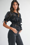 Short Puff Sleeve Sheer Contrast Bow Tie Peplum Top Black