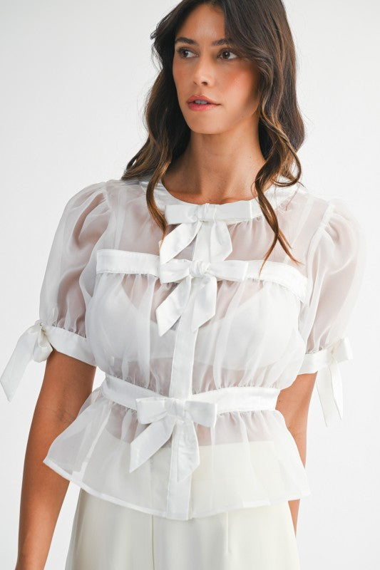 Short Puff Sleeve Sheer Contrast Bow Tie Peplum Top White