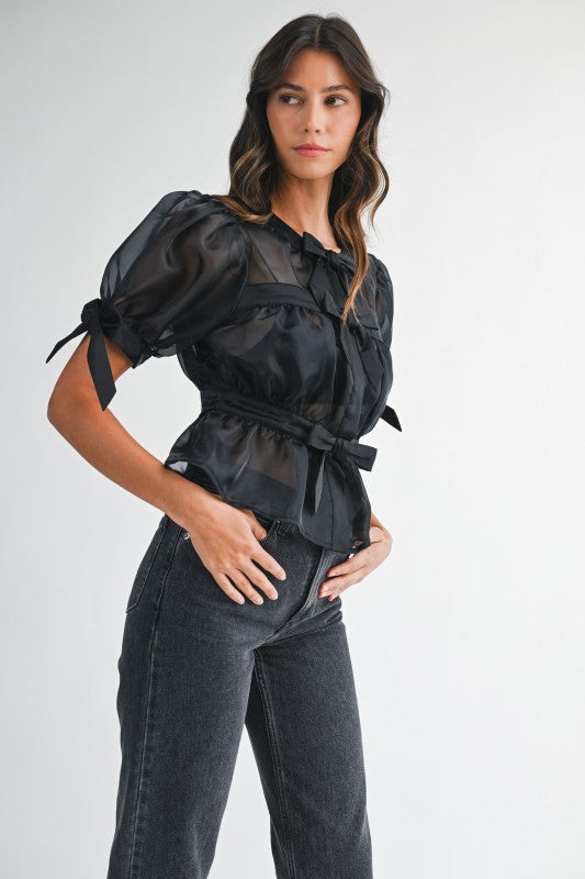 Short Puff Sleeve Sheer Contrast Bow Tie Peplum Top Black