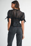 Short Puff Sleeve Sheer Contrast Bow Tie Peplum Top Black