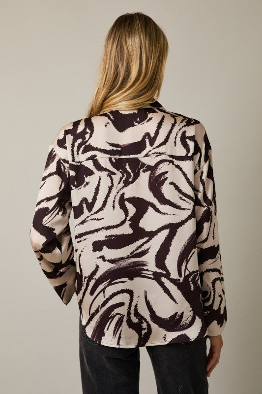 Long Sleeve Button Down Abstract Print Top Taupe