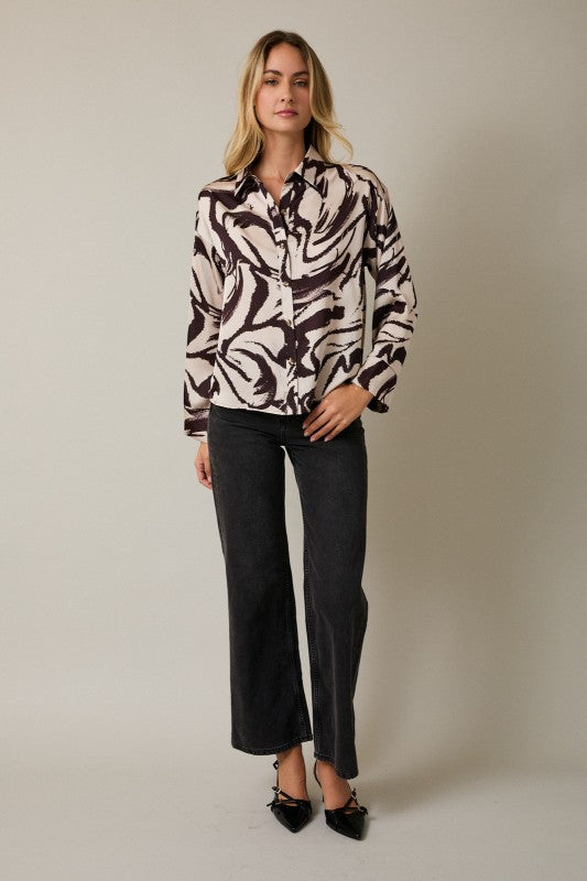 Long Sleeve Button Down Abstract Print Top Taupe