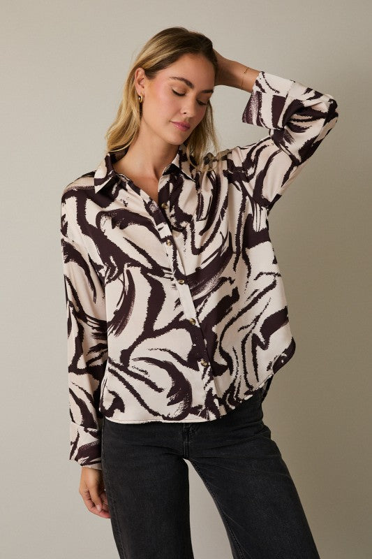 Long Sleeve Button Down Abstract Print Top Taupe