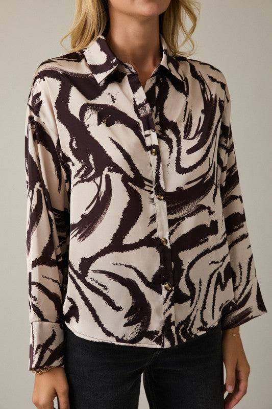 Long Sleeve Button Down Abstract Print Top Taupe