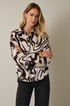 Long Sleeve Button Down Abstract Print Top Taupe