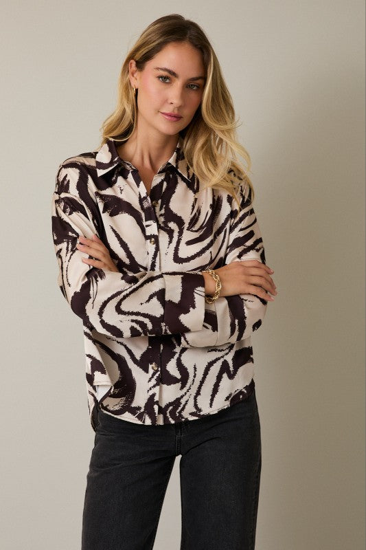 Long Sleeve Button Down Abstract Print Top Taupe