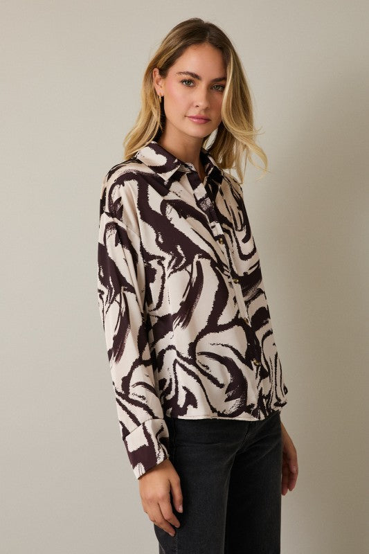 Long Sleeve Button Down Abstract Print Top Taupe