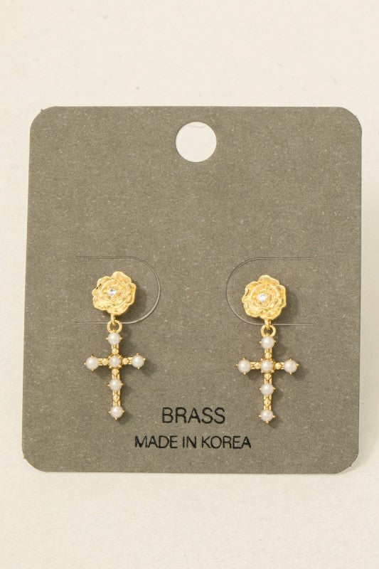 Pearl Cross Dangle Drop Earrings Gold