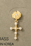 Pearl Cross Dangle Drop Earrings Gold