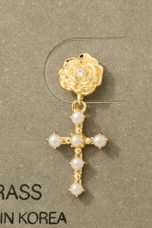 Pearl Cross Dangle Drop Earrings Gold
