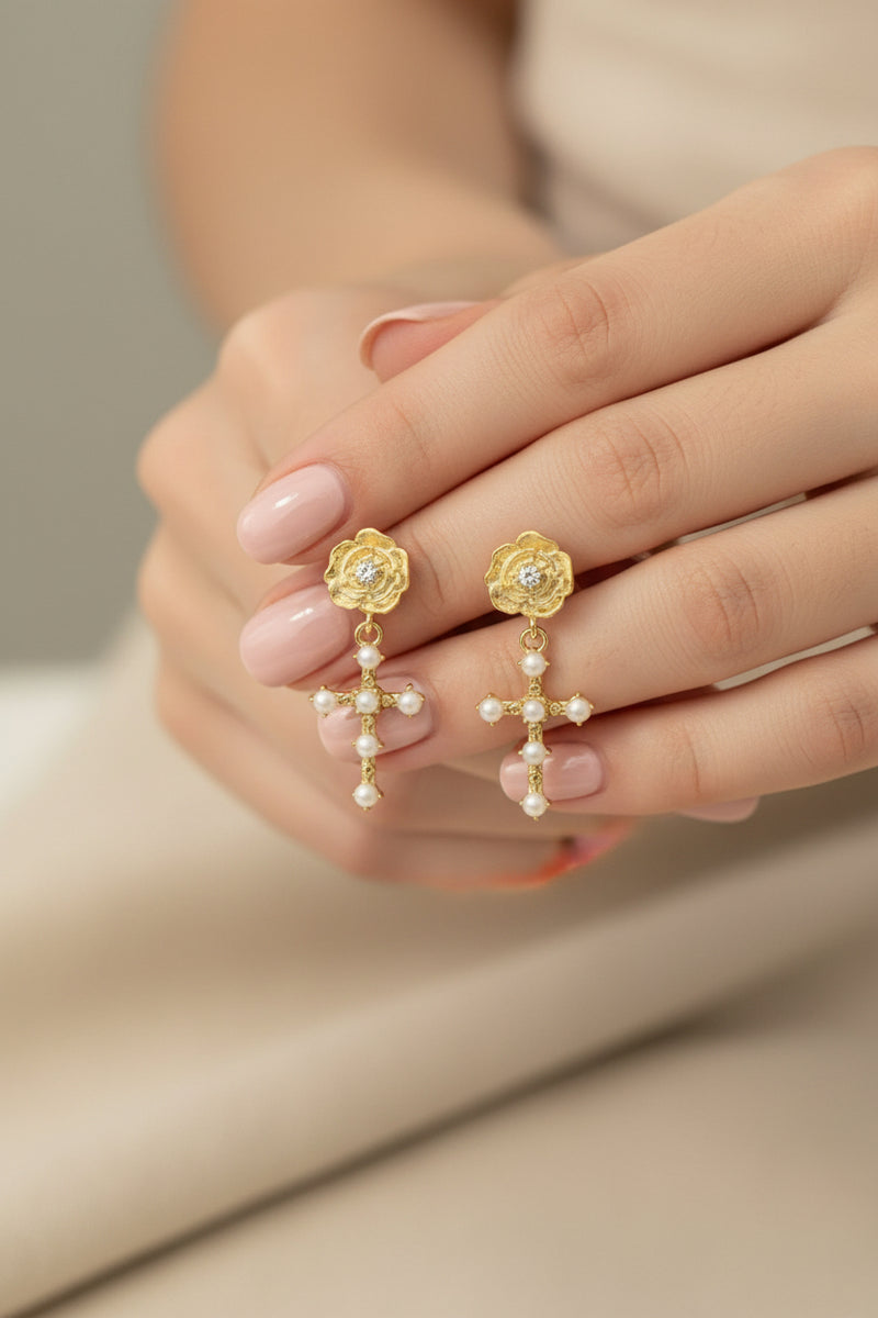 Pearl Cross Dangle Drop Earrings Gold