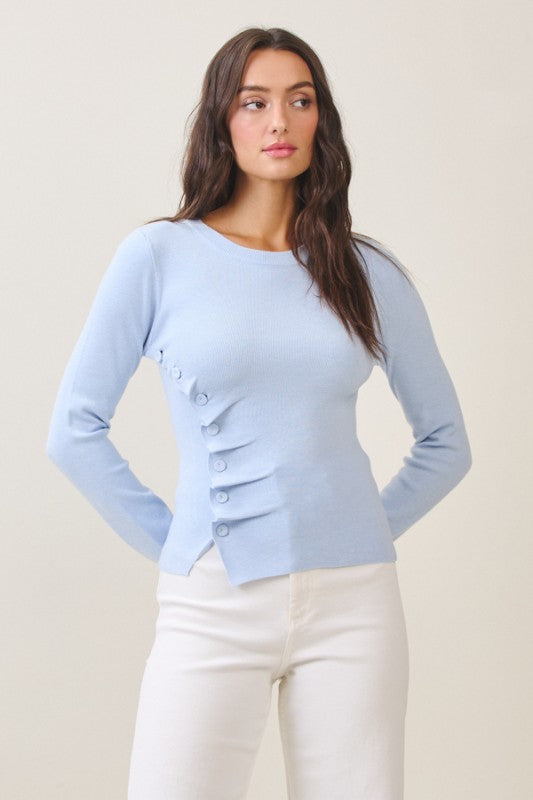  Long Sleeve Button Down Knit Top Blue