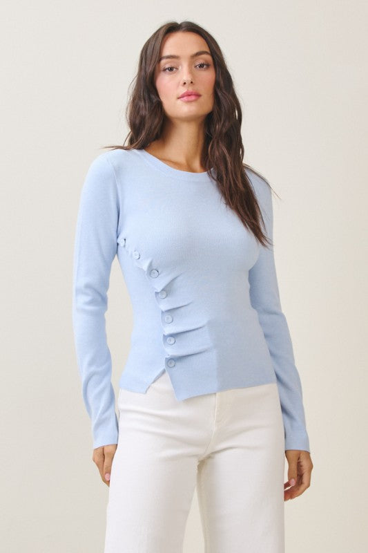  Long Sleeve Button Down Knit Top Blue