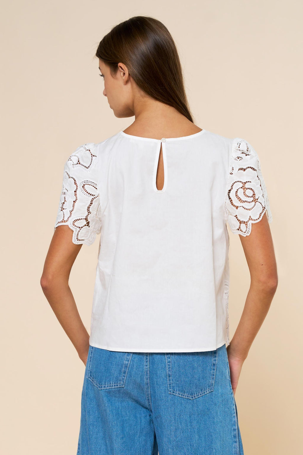 Short Bell Sleeve Floral Eyelet Top White