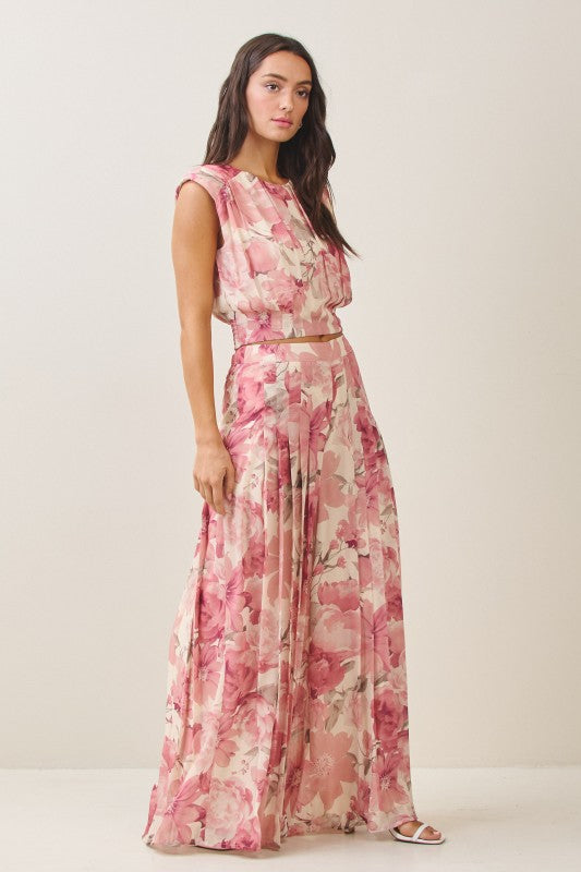 Sleeveless Floral Print Pleated Top Pink