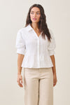  Short Puff Sleeve Button Down Pintuck Top Ivory