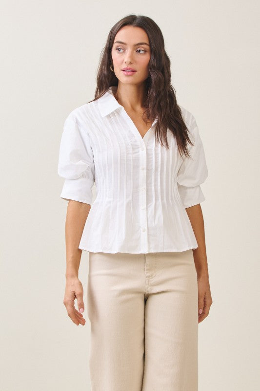  Short Puff Sleeve Button Down Pintuck Top Ivory