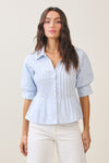 Short Puff Sleeve Button Down Pintuck Top Blue