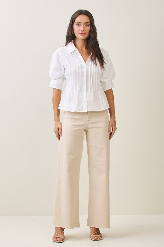  Short Puff Sleeve Button Down Pintuck Top Ivory