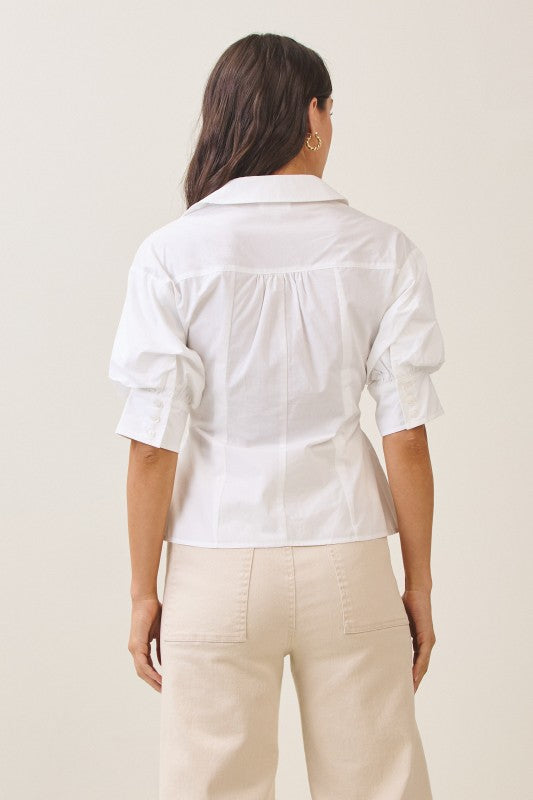  Short Puff Sleeve Button Down Pintuck Top Ivory