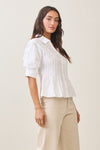  Short Puff Sleeve Button Down Pintuck Top Ivory