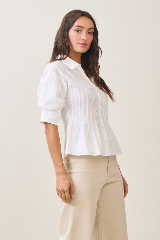 Short Puff Sleeve Button Down Pintuck Top Ivory