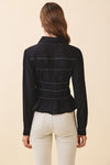  Long Sleeve Button Down Contrast Smocked Peplum Top Black