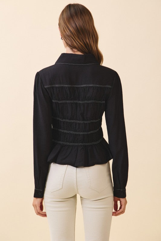  Long Sleeve Button Down Contrast Smocked Peplum Top Black