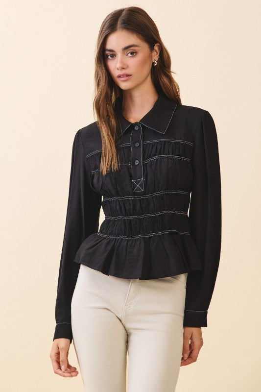  Long Sleeve Button Down Contrast Smocked Peplum Top Black