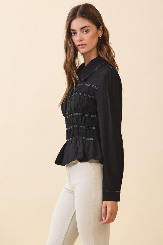  Long Sleeve Button Down Contrast Smocked Peplum Top Black