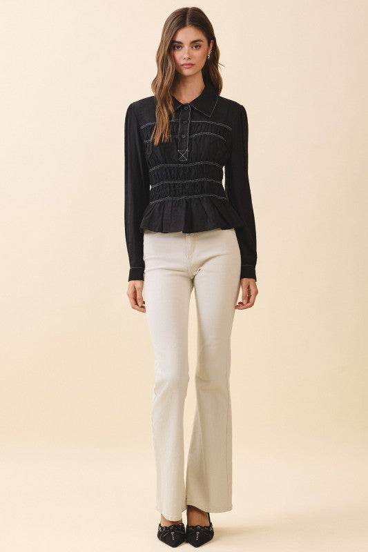  Long Sleeve Button Down Contrast Smocked Peplum Top Black