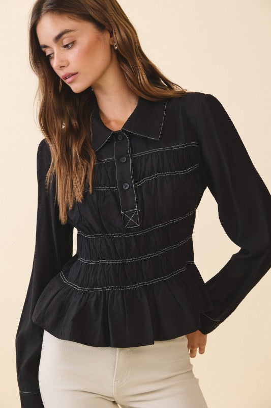  Long Sleeve Button Down Contrast Smocked Peplum Top Black