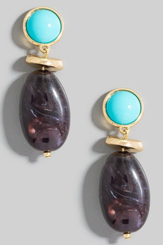 Oval Marble Dangle Drop Earrings Gold Turquoise