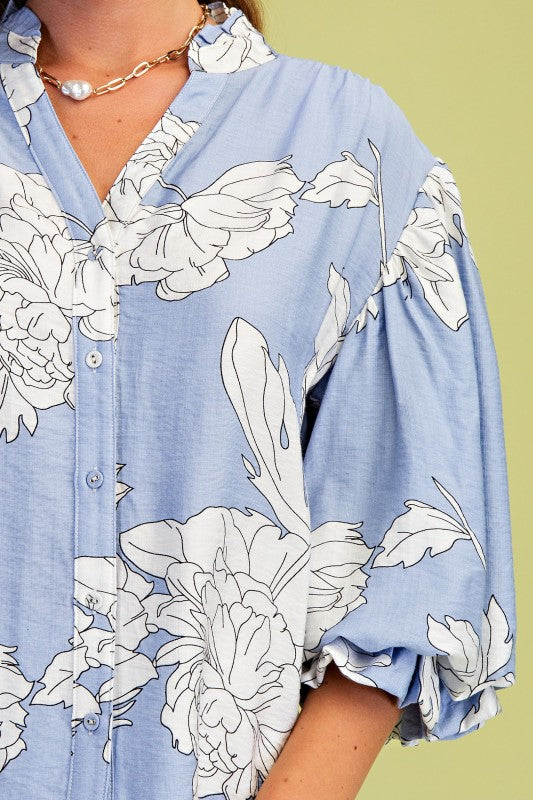 3/4 Sleeve Button Down Floral Print Top Blue