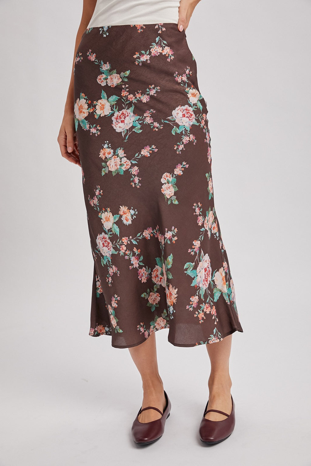 High Waist Pretty Floral Print Satin Midi Skirt Brown