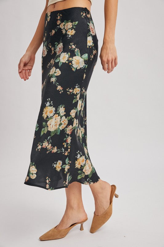 High Waist Floral Midi Skirt Black