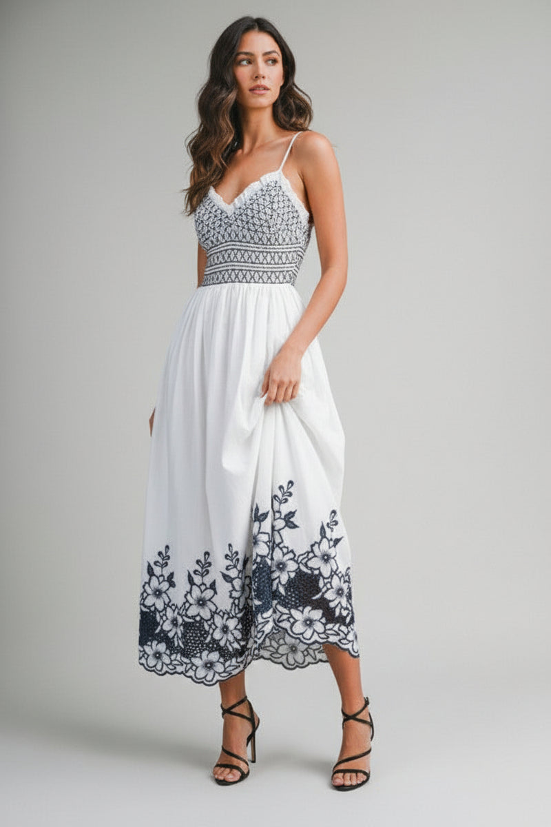 Primrose Sleeveless Smocked Embroidered Floral Midi Dress Blue Miss Match Group Inc. Primrose Sleeveless Smocked Embroidered Floral Midi Dress Blue Miss Match Group Inc.