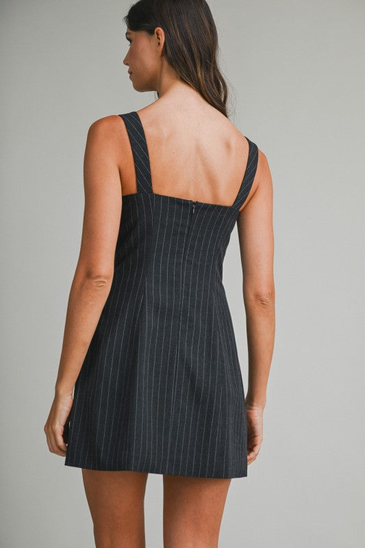 Sleeveless Cut Out Pin Striped Mini Dress Black